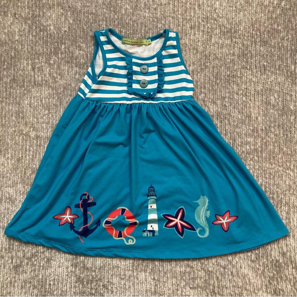 Millie loves Lily Nautical Dress Size 3 Teal Aqua Stripes Coastal Cruise Summer‎